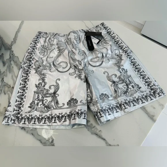 Versace Baroque Silver Silk Shorts - Picture 2 of 11
